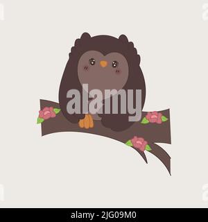 Cute Clipart Owl Illustration in Cartoon Style. Cartoon Clip Art Owl Sitting on a Tree. Vector Illustration of a Bird for Stickers, Baby Shower Stock Vector