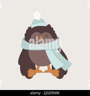 Cute Owl Clipart for Kids Holidays and Goods. Happy Clip Art Owl in a Hat and Scarf. Vector Illustration of a Bird for Stickers, Prints for Clothes Stock Vector