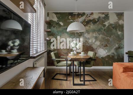Modern Japandi interior design appartment in earth tones, natural textures with wooden solid oak furniture and clay textuted wall. Japandi concept Stock Photo