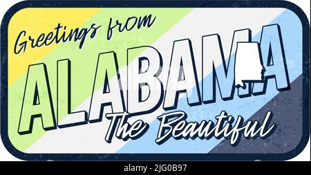 Greeting from alabama vintage rusty metal sign vector illustration. Vector state map in grunge style with Typography hand drawn lettering Stock Vector