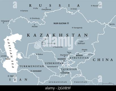 Central Asia, gray political map. Subregion of Asia, consisting of former Soviet republics, stretching from the Caspian Sea to China. Stock Photo