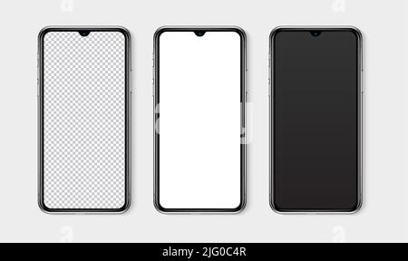 Realistic smartphone mockup set. Mobile phone blank, white, transparent screen design mock up. Isolated vector illustration Stock Vector