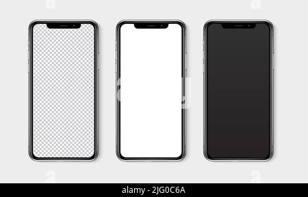 Realistic smartphone mockup set. Mobile phone blank, white, transparent screen design mock up. Isolated vector illustration Stock Vector