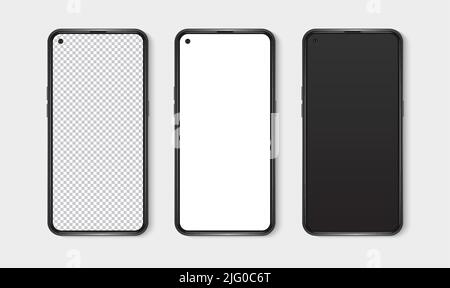Realistic smartphone mockup set. Mobile phone blank, white, transparent screen design mock up. Isolated vector illustration Stock Vector