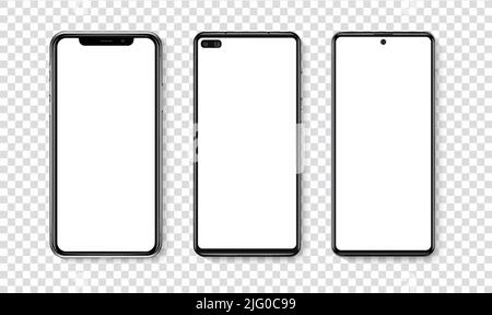 High quality realistic trendy smartphone with blank white screen. Phone mockup for visual UI UX app demonstration. Vector mobile set device concept Stock Vector