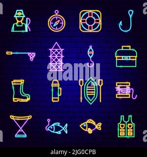 Fishing Neon Icons Stock Vector