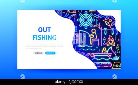 Out Fishing Neon Landing Page Stock Vector