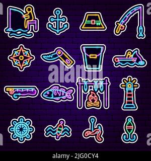 Fishing Fish Neon Stickers Stock Vector