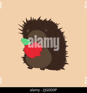 Hedgehog Clipart Character Design. Adorable Clip Art Hedgehog Eats an Apple. Vector Illustration of a Forest Animal for Prints for Clothes, Stickers Stock Vector