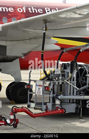 Zaventem. Belgium, 06/07/2022, illustration picture shows the refueling of the official Red Flames airplane at Brussels airport in Zaventem, at the departure of Belgian national soccer team Red Flames to England for the Women's Euro 2022 tournament on Wednesday 06 July 2022.  The 2022 UEFA European Women's Football Championship is taking place from 6 to 31 July. BELGA PHOTO ERIC LALMAND Stock Photo