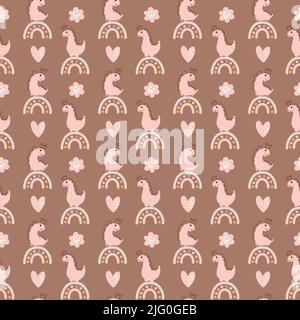 Cute vector kids seamless pattern with hand drawn girl dino, flower, heart and rainbow on brown background. Creative childish illustration for fabric Stock Vector