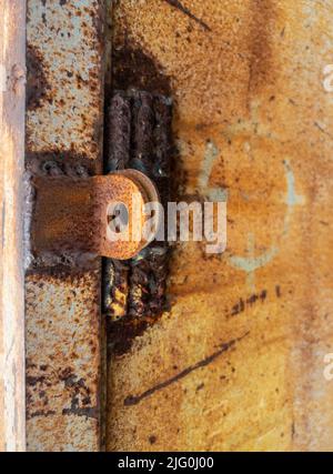 Closeup of the rusty padlock eyes on the metal gate of the abandoned factory, front view with the copy space. Stock Photo