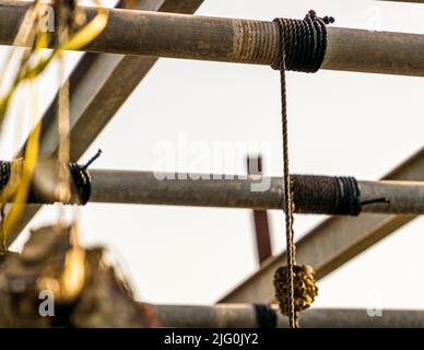 Ropes are tied to a galvanised steel frame above the water of the Étang de Thau near Marseillan, Hérault, France – part of an oyster table of the Tarbouriech farm. Oysters hang from such ropes, which motors lift out of the water every six hours and lower back in six hours later, simulating the rise and fall of the tide. Stock Photo