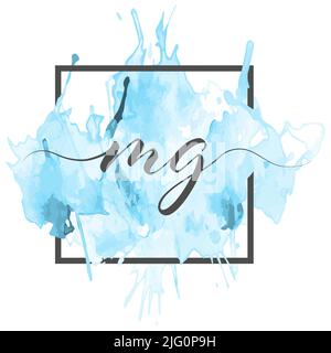 Calligraphic lowercase letters M and G are written in a solid line on a colored background in a frame Stock Vector