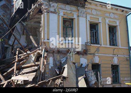 KHARKIV, UKRAINE - JULY 6, 2022 - An administrative building ruined by a Russian missile attack is pictured in central Kharkiv, northeastern Ukraine. Stock Photo