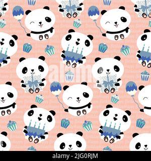 Kawaii panda Happy Birthday vector seamless pattern background. Cute backdrop with laughing cartoon bears holding cakes, balloons, cupcakes. Pink blue Stock Vector