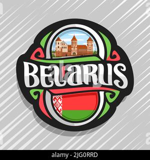 Vector logo for Belarus country, fridge magnet with belarusian state flag, original brush typeface for word belarus and national belarusian symbol - N Stock Vector
