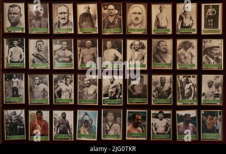 Kırkpınar (Turkish Oil Wrestling). Stand with photographs of the champions of the Kirkpinar Tournament won the competition in different years of the 20th century in the Kırkpınar House (Kırkpınar Museum) in Edirne, Turkey. Stock Photo