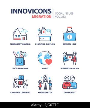 Migration social issues - modern line design style icons set Stock Vector