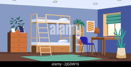 Flat student dormitory room or hostel. University or college dorm bedroom empty interior with bunk bed, desk at window, chair and bookshelf. Living apartment or accommodation with wooden furniture. Stock Vector