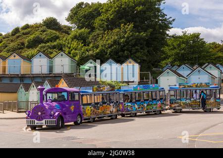 Bournemouth, Dorset UK. 6th July 2022. UK weather: hot and sunny at Bournemouth beaches as beachgoers head to the seaside to enjoy the sun. The land train at Alum Chine. Credit: Carolyn Jenkins/Alamy Live News Stock Photo