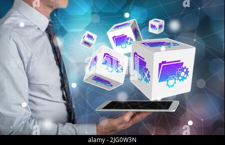 Document management concept above a tablet held by a man Stock Photo