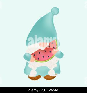 Cute Clipart Gnome Illustration in Cartoon Style. Cartoon Clip Art Gnome with a Slice of Watermelon. Vector Illustration of a Character for Stickers Stock Vector