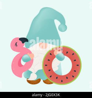 Cute Gnome Clipart Isolated on White Background. Funny Clip Art Gnome with Beach Toys. Vector Illustration of a Character for Stickers, Baby Shower Stock Vector