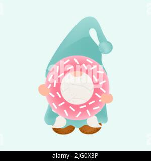 Cute Gnome Clipart for Kids Holidays and Goods. Happy Clip Art Gnome with a Big Donut. Vector Illustration of a Character for Stickers, Prints for Stock Vector