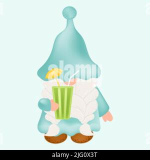Gnome Clipart in Cute Cartoon Style Beautiful Clip Art Gnome with Summer Lemonade. Vector Illustration of a Character for Prints for Clothes, Stickers Stock Vector