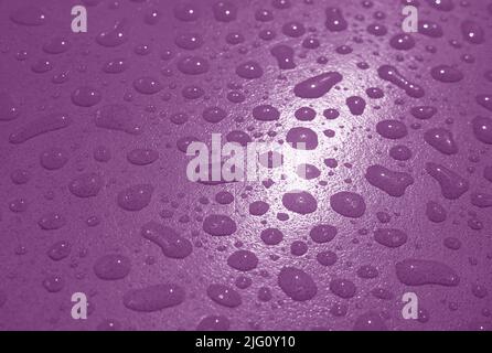 Closeup of water droplets on deep purple colored garden table after the rain Stock Photo