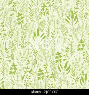 Green nature seamless pattern, herbal background, fresh hand drawn vector design Stock Vector
