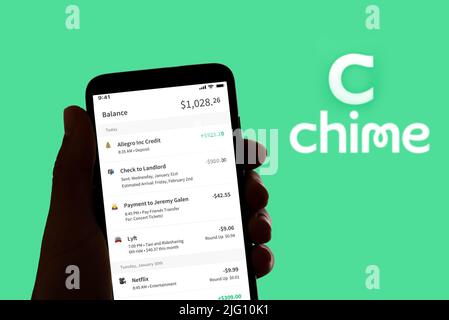 The online payment and banking app Chime logo is seen on the screen of a mobile phone in Barcelona, Spain on July 06, 2022 Stock Photo