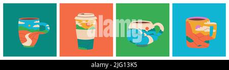 Cups and mugs of coffee or tea with a landscape inside. Coffee to go. Mountains, hills, sky and clouds. Set of trendy vector multicolor illustrations Stock Vector