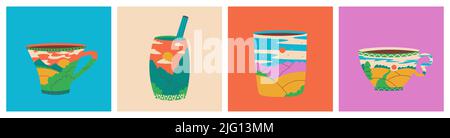 Cups and mugs of coffee or tea with a landscape inside. Coffee to go. Mountains, hills, sky and clouds. Set of trendy vector multicolor illustrations Stock Vector