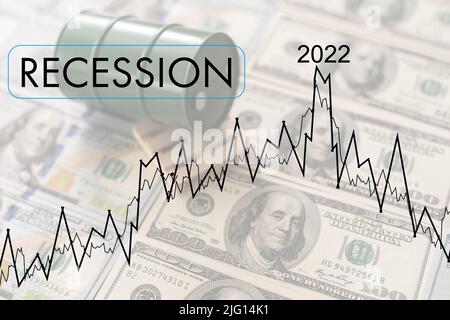 Crisis 2022. Quarterly or annual report of companies. Economic recession on the chart. Chart arrow pointing down against falling chart. Stock Photo