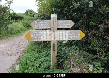 A British coast path sign between Bossington and Porlock Weir. It is also a permitted cycle path Stock Photo