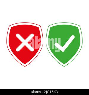 Shields and check marks icons set. Red and green sign Stock Vector