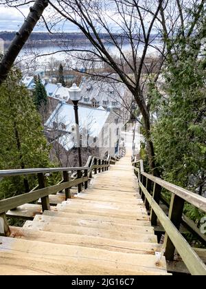 High angle view of Cap-Blanc stairs in Quebec city. Loguest stairs of Quebec city. Going down from Plaines d'Abraham to Champlain street. Stock Photo