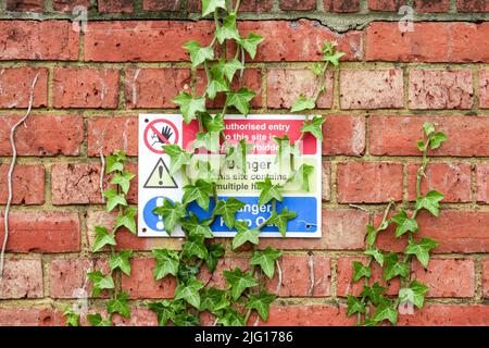 Danger keep out and hazard warning sign on red brick wall with green ivy growing over Stock Photo