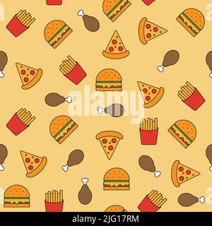 Fast food seamless pattern. Food pattern with burger, pizza, french fries, fried chicken on yellow Stock Vector
