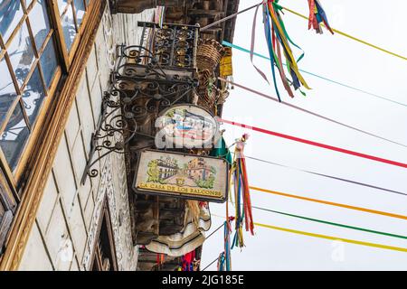 La Orotava, Tenerife, Spain, June 21, 2022.Balconies decorated for Corpus Christi in the city of La Orotava in Tenerife, Canary Islands. Stock Photo