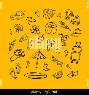 Summer resort doodle clipart. Set of black outline objects on yellow background Stock Vector