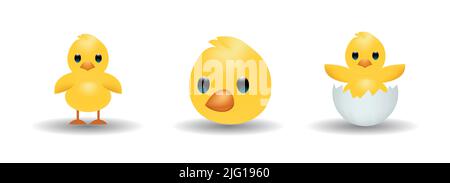 Funny yellow newborn chicken, newborn chicken in broken egg shell, head of chicken vector emoji illustration isolated on white background. Stock Vector