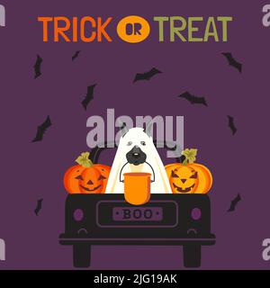 Halloween Trick or Treat cute vector illustration. Truck with Pumpkins Jack-O-lantern, bats, dog in ghost costume, Halloween bucket cartoon. Stock Vector