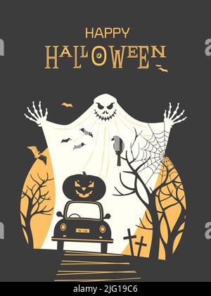 Happy Halloween holiday fancy minimalist vector poster. Cute scary spooky sign pumpkin, ghost, bats illustration. Black orange color Halloween Stock Vector