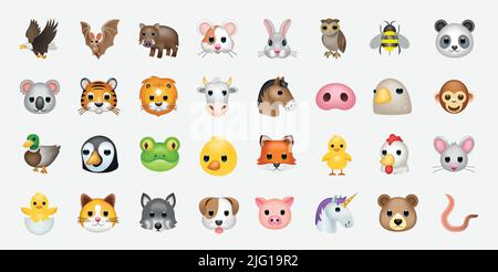 Set of animal faces, face emojis, stickers, emoticons. Stock Vector