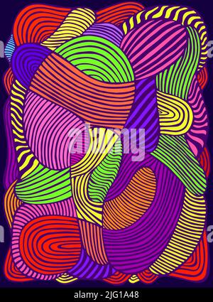 Striped vibrant abstract lines art pattern, rainbow multicolor color. Decorative psychedelic stylish card. Stock Vector