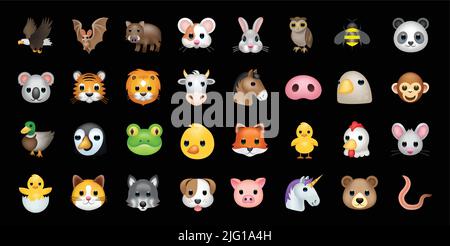 Set of animal faces, face emojis, stickers, emoticons. Stock Vector