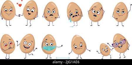 Set of cute egg characters with emotions, face, arms and legs. Happy Easter decoration. Smiling or sad food heroes, falling in love, masked distance, dancing or crying. Vector flat illustration Stock Vector
